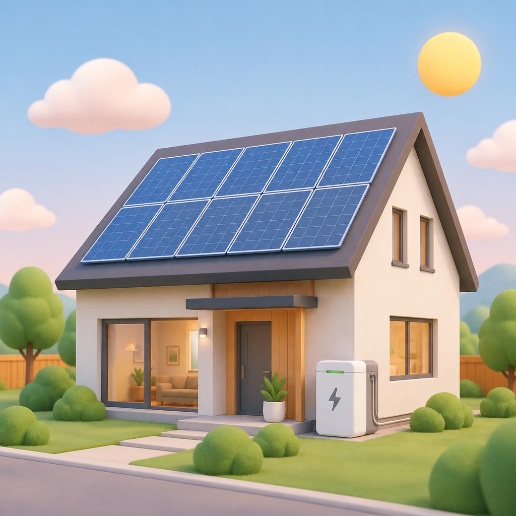 Clay-style house with solar panels on the roof and a home battery